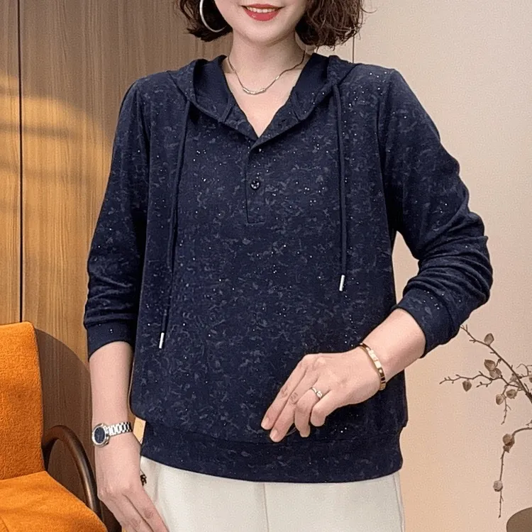 2025年秋季新款欧州版带钻高级感连帽时尚休闲减龄女士上衣Y5757 