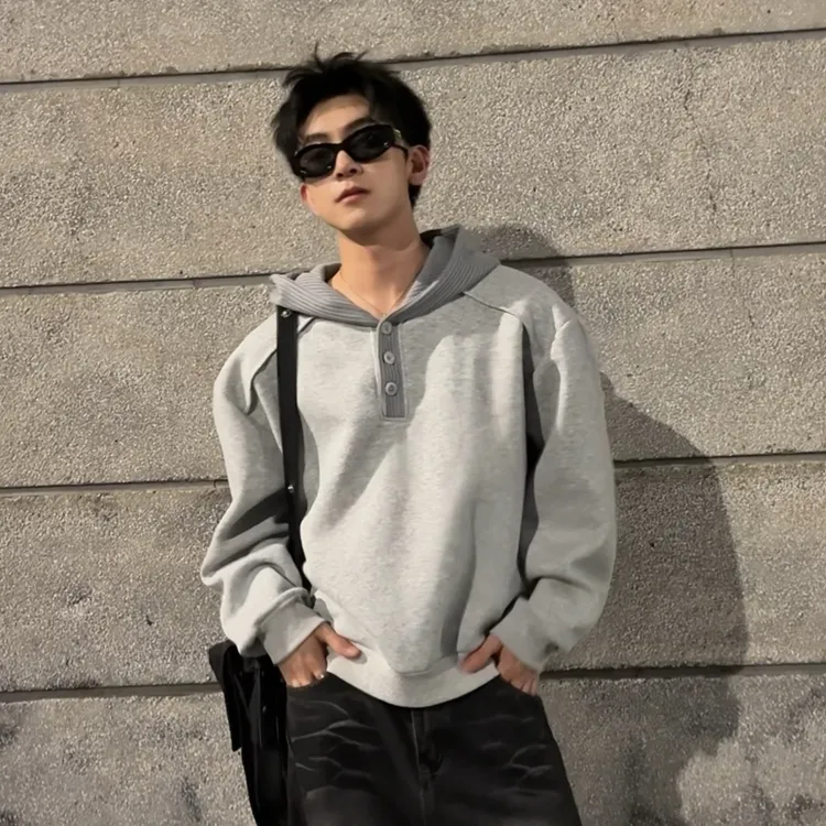 重磅针织连帽卫衣男女秋季美式复古灰色情侣外套宽松大码运动上衣