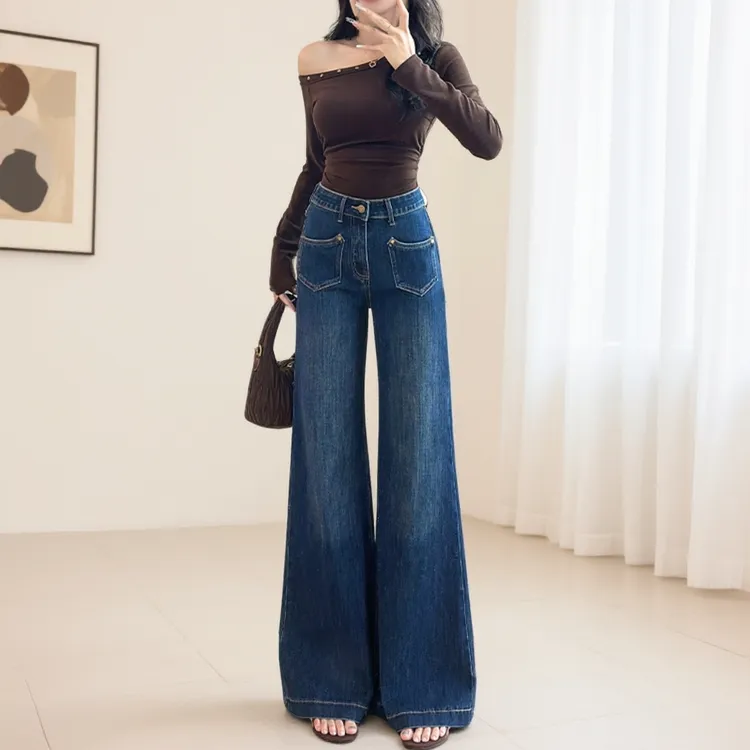 乔栈复古蓝阔腿微喇牛仔裤女2025年秋季加绒新款高腰不贴腿显瘦裤