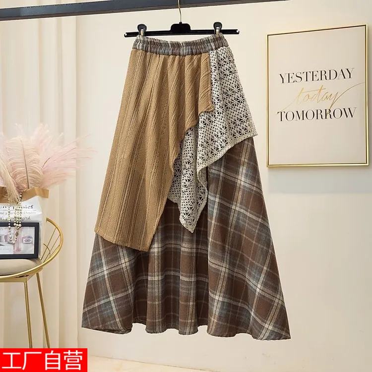 不规则2025拼接格子半身裙大摆裙子复古半裙高腰新款秋季显瘦A字