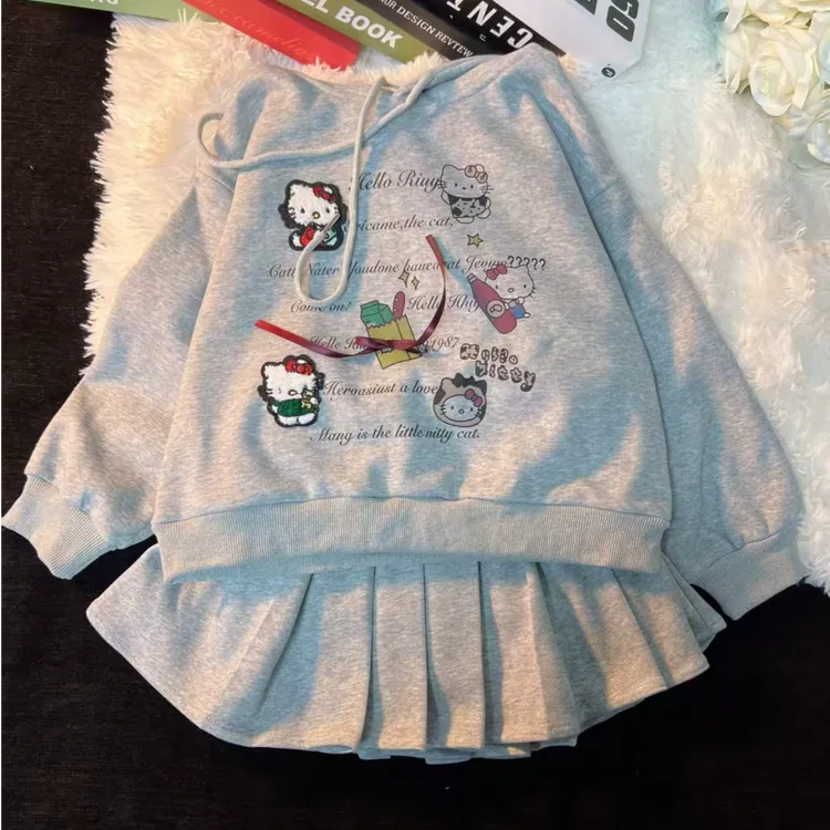 女童秋装套装新款童装可爱超萌儿童衣服卡通上衣时尚百褶裙两件套