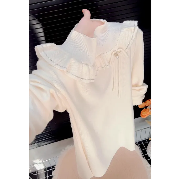 温柔韩系风纯色长袖荷叶边针织衫女2025冬季新款时尚气质百搭上衣