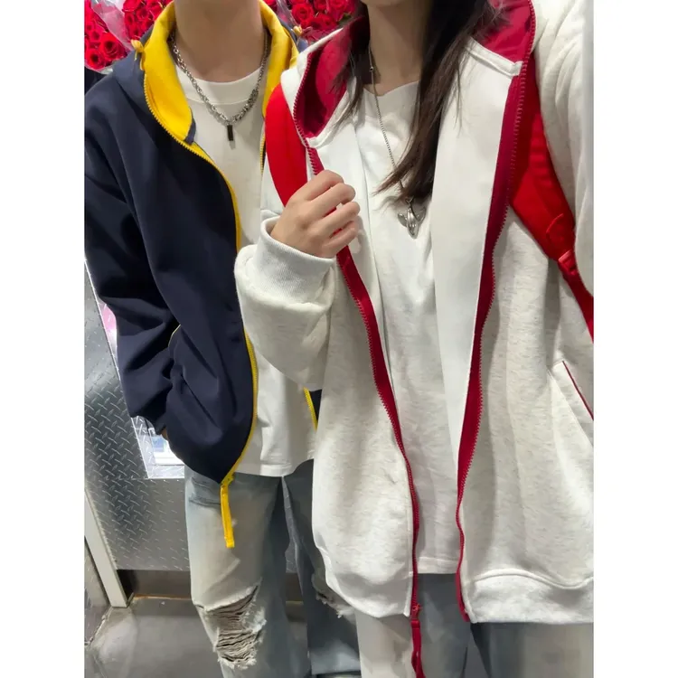 藏青色美式连帽卫衣男款秋季潮牌设计感拼接外套氛围感开衫情侣装