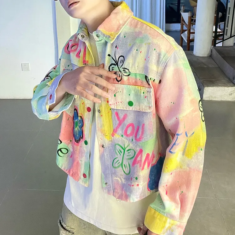 春秋新款手绘涂鸦牛仔夹克男女短款高级感小众宽松情侣百搭外套潮