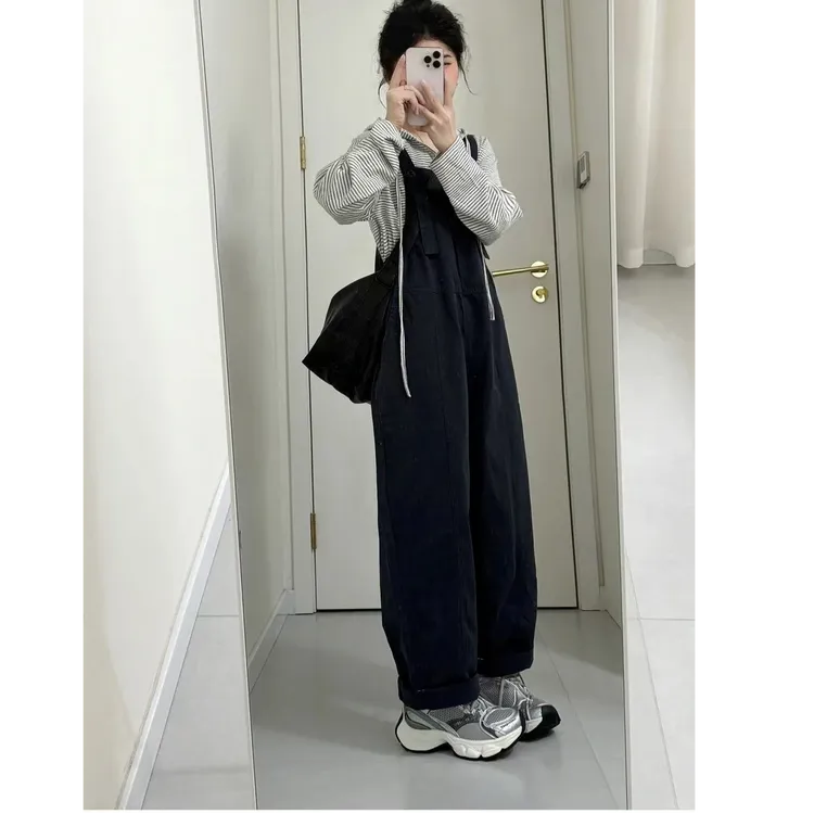 2025新款小个子宽松显瘦条纹上衣小众工装阔腿裤子春季背带裤套装