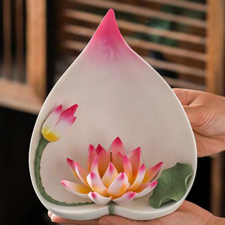 陶瓷莲花摆件手工花仿真瓷花香插佛具用品桌面装饰工艺品寿桃荷花