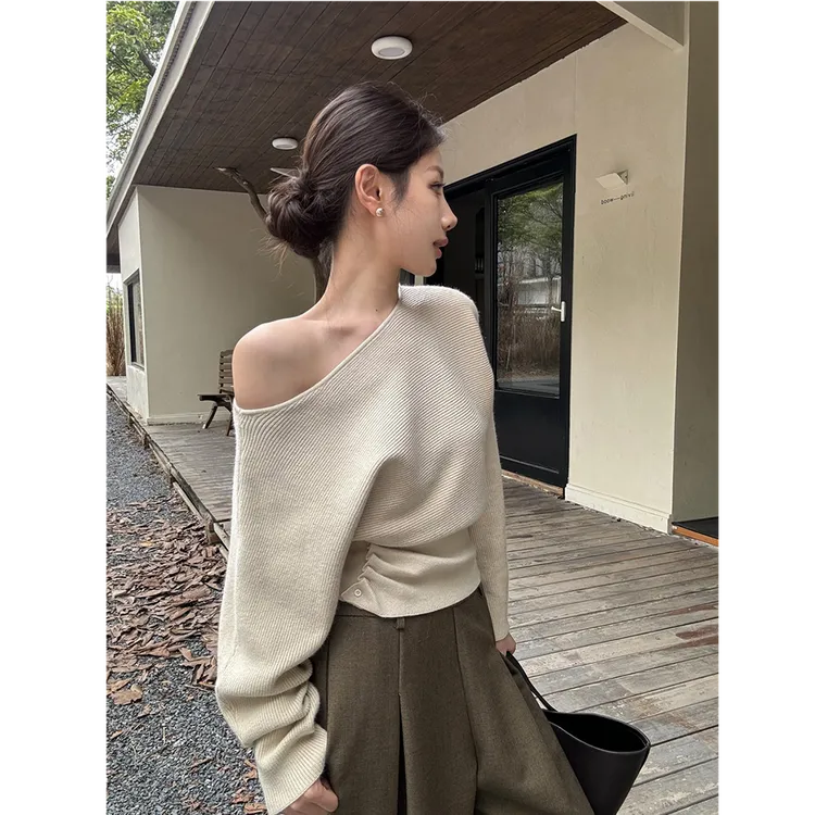 法式斜肩长袖针织衫女春秋季高级感超好看内搭打底收腰上衣A10152