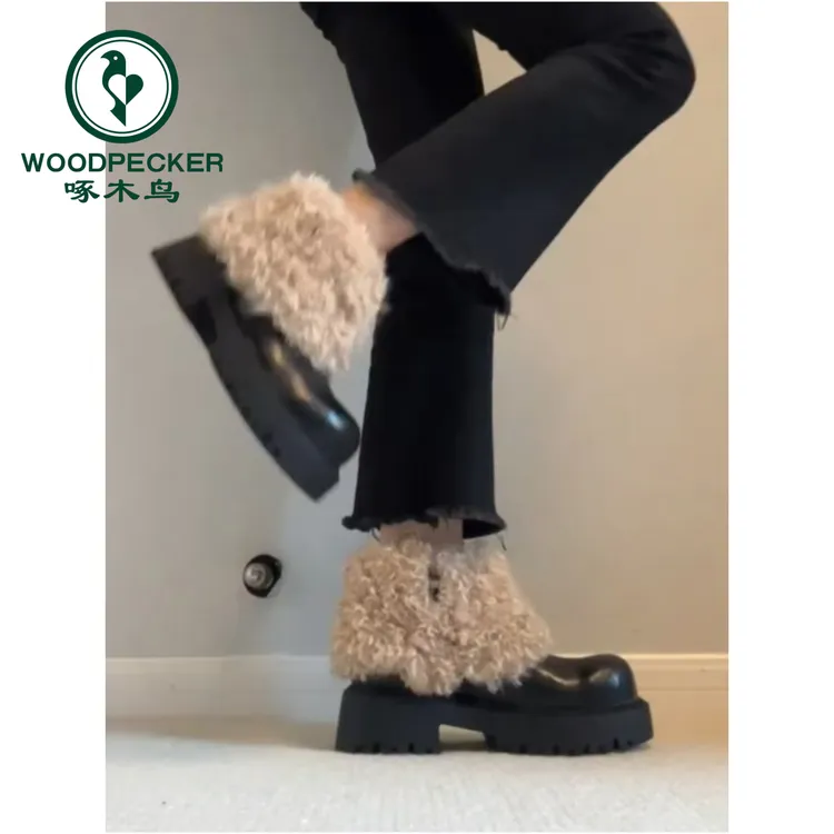 啄木鸟法式厚底毛绒短靴浅口低帮雪地棉鞋毛毛鞋女秋冬外穿加绒靴