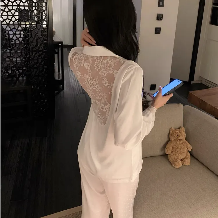 网红露背睡衣女士春秋季冰丝长袖薄款别致镂空性感蕾丝家居服套装