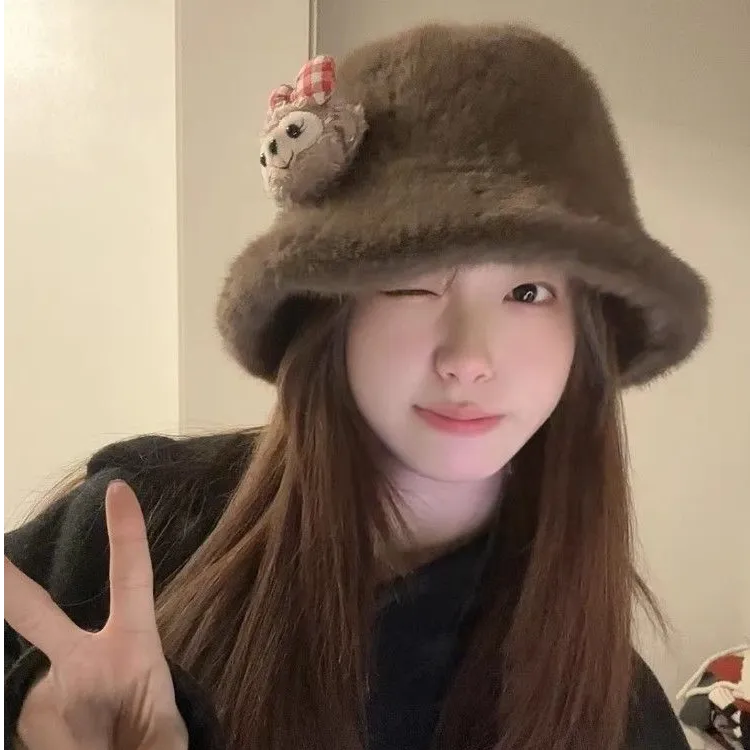 可爱玫玫大头围渔夫帽秋冬季毛茸茸帽子女皮毛一体盆帽防寒保暖