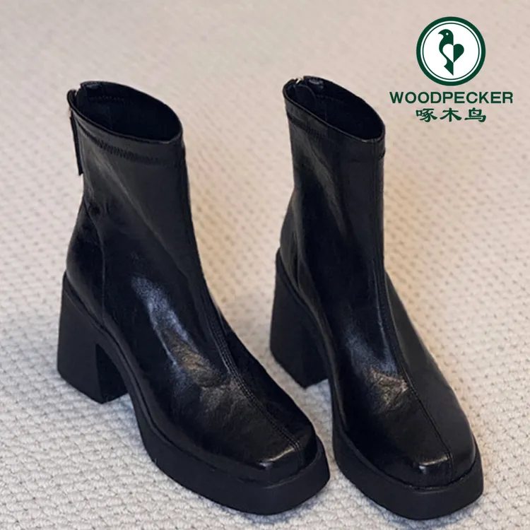 啄木鸟防水台高跟短靴女秋冬新款小个子粗跟马丁靴子法式瘦瘦靴女
