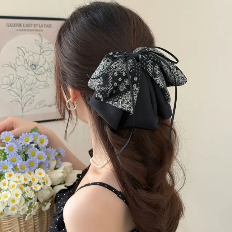 小众轻奢黑色腰果花缎面马尾夹新中式国风个性复古百搭布艺抓夹女