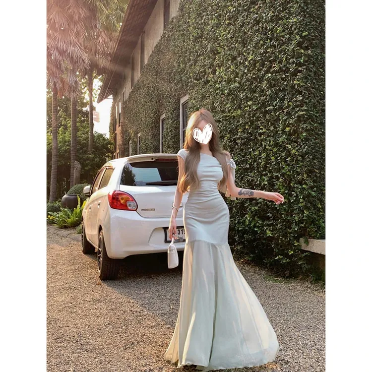 网纱拼接绑带斜肩无袖连衣裙女夏季修身鱼尾裙子纯欲收腰包臀长裙