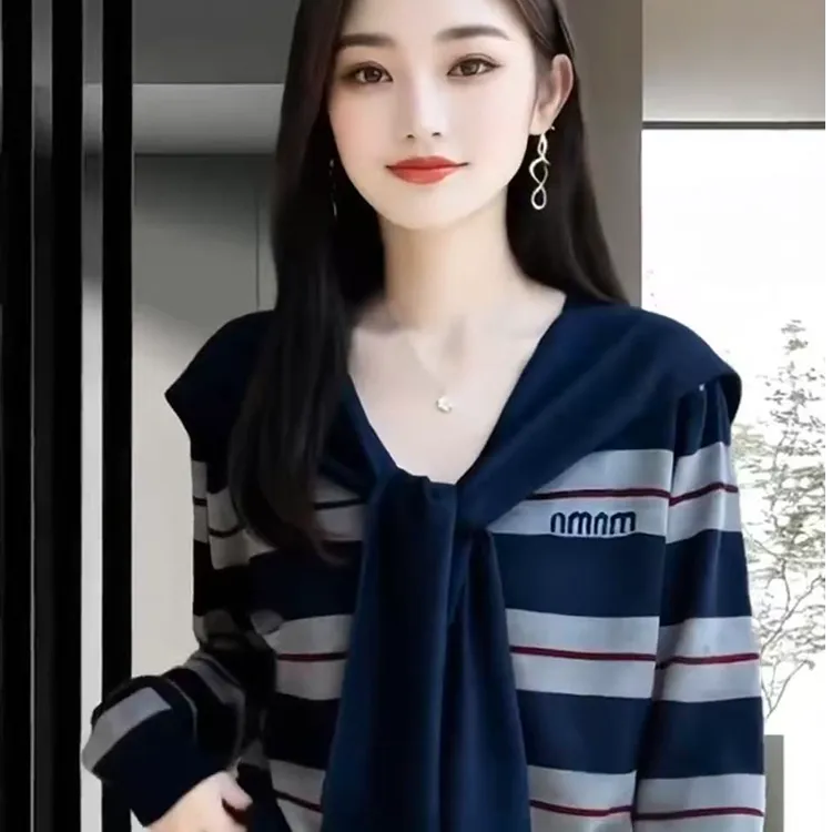 法式撞色条纹真两件披肩针织开衫女外套毛衣2025宽松设计感上衣潮