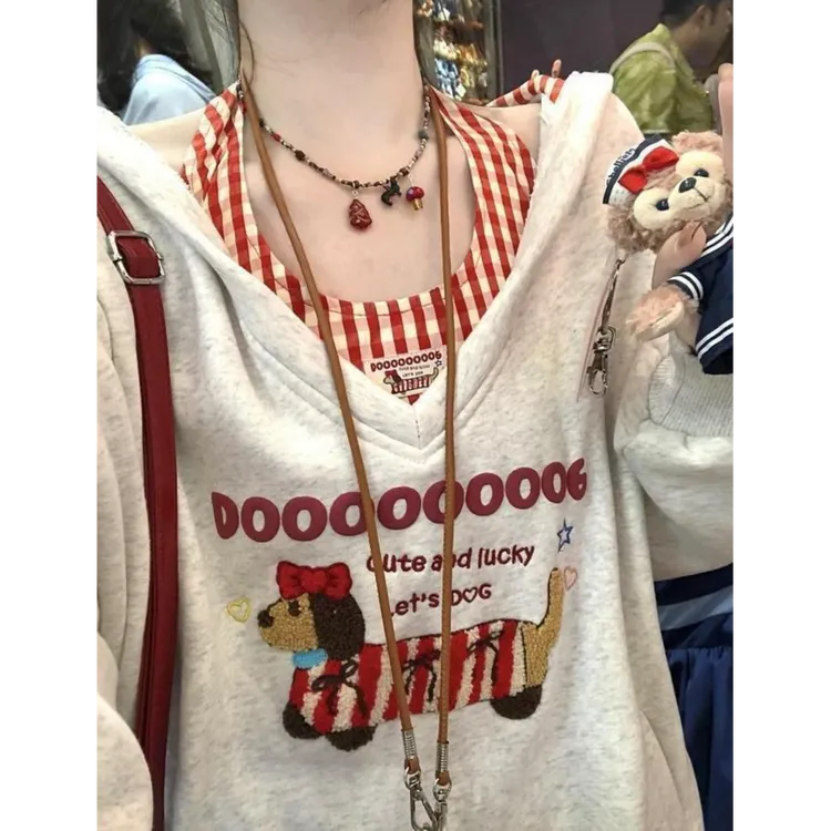 甜酷少女腊肠狗刺绣长袖卫衣女秋季新款内搭挂脖背心宽松两件套