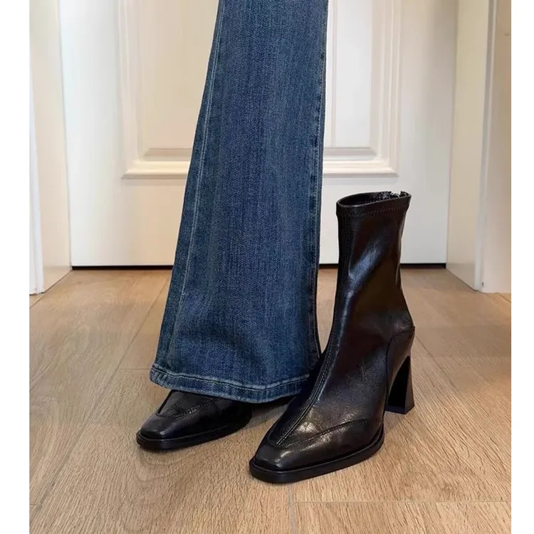 法式复古高跟短靴女2025秋冬季新款皮面小踝靴方头粗跟厚底弹力靴