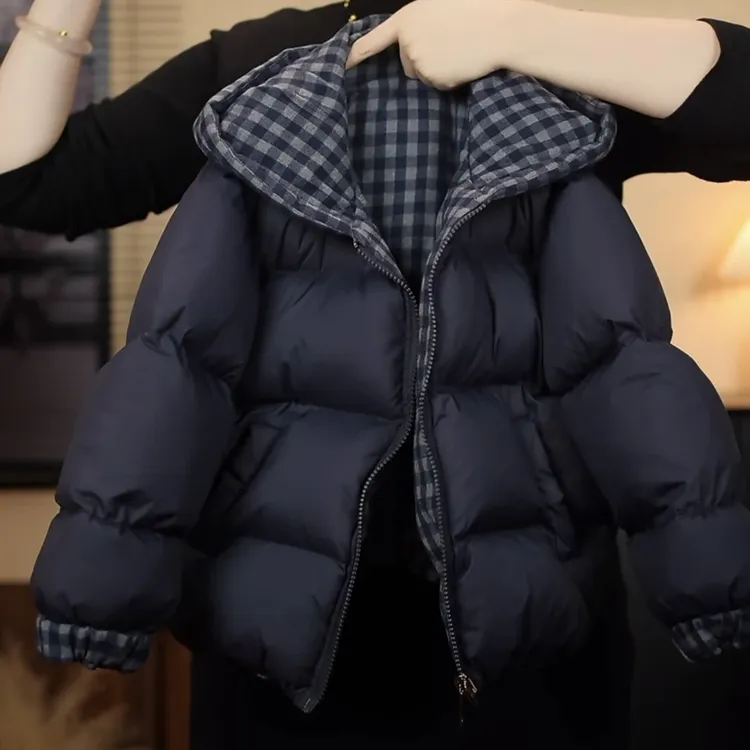 【小一宝贝】2025童装男童冬季棉服外套儿童格子宽松两面穿连帽棉服