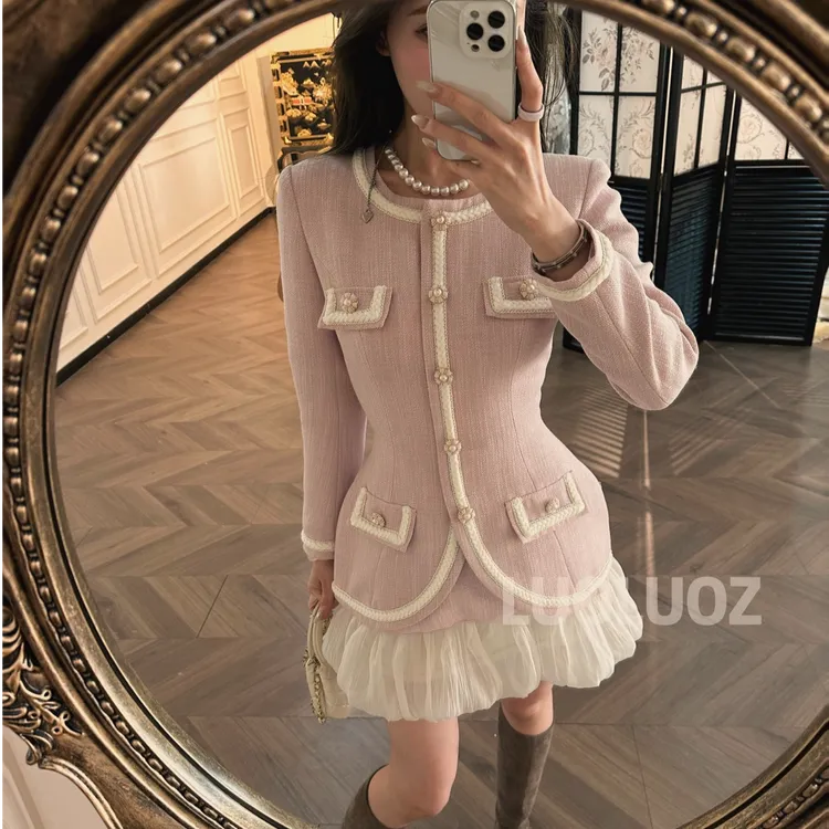 LUOLUOZ【莫奈花海】绝美粉色撞色时尚假两件短款连衣裙JF1138-1