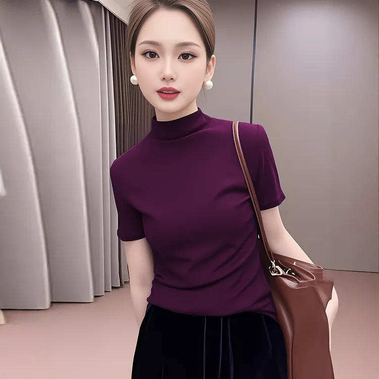 半高领针织短袖t恤女半袖内搭2025春夏新款修身正肩蓝色打底上衣