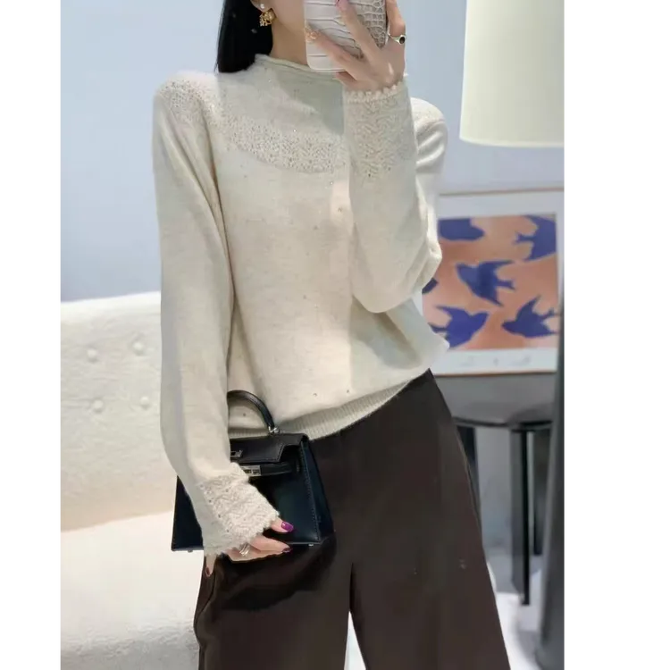 钩花纯色烫钻半高领2025冬季针织衫打底衫女款毛衣1480