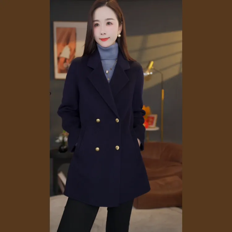 【杨杨专属】曼贝秋冬新款高端百搭长袖双面羊绒大衣8584043A海军蓝