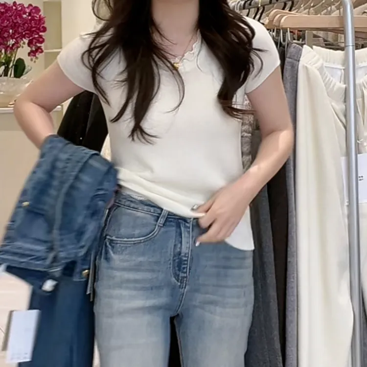 设计感花苞卷边领口短袖T恤女2025新款春季显瘦时尚纯色套头上衣