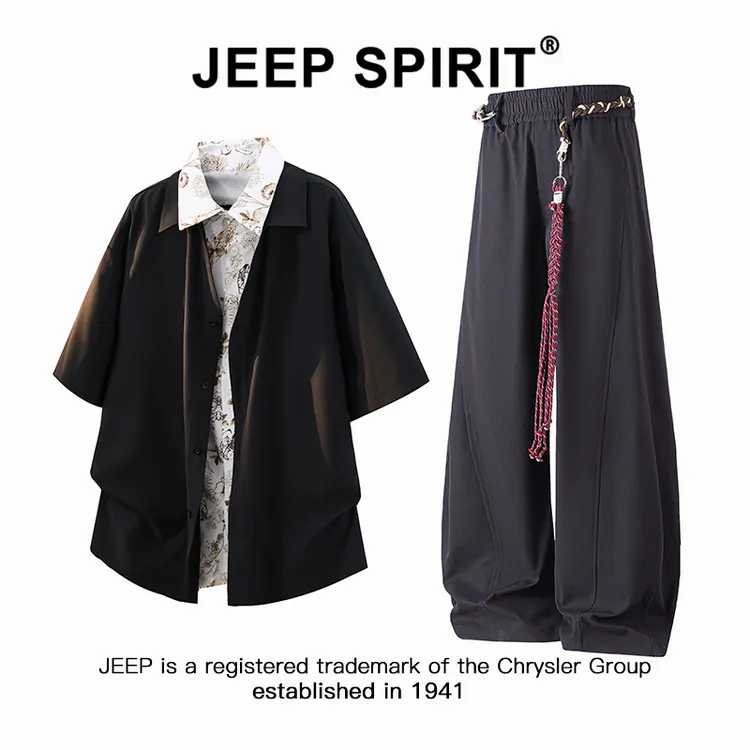JEEPSPIRIT吉普假两件古巴领短袖衬衫套装男夏季痞帅休闲裤两件套