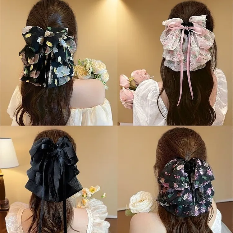 【新品福利】法式复古碎花蝴蝶结飘带抓夹优雅高级感低马尾发夹盘发