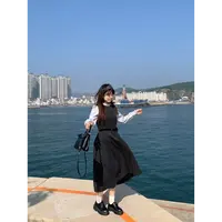 米米子“海德堡学院”灰蓝撞色深灰花边领西装学院风长裙连衣裙秋季