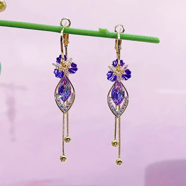 铜合金锆石耳饰 （202号）925银滴油时尚百搭气质女神紫色吊坠