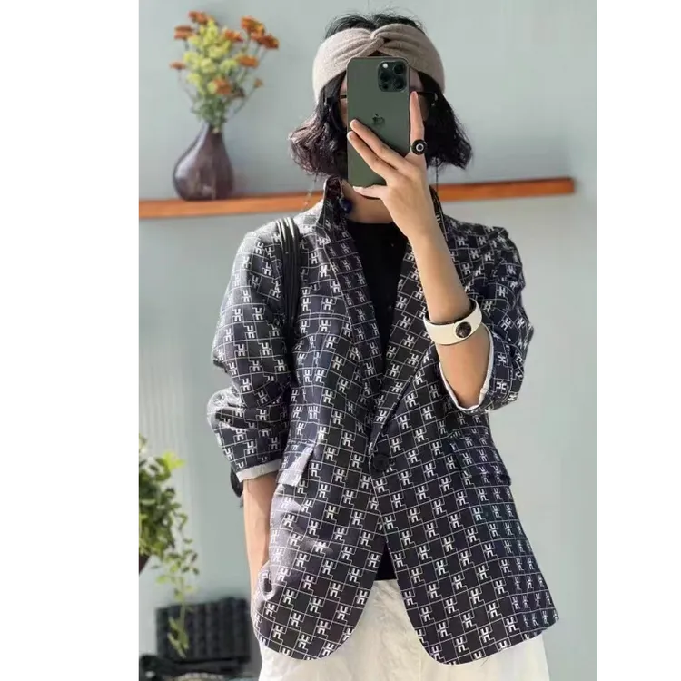 外贸原单高品质V领七分袖千鸟格常规一粒扣25新品外套