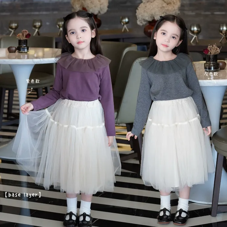 AnnieGirl秋冬新款女童韩版甜美网纱打底衫宝宝洋气百搭上衣2025