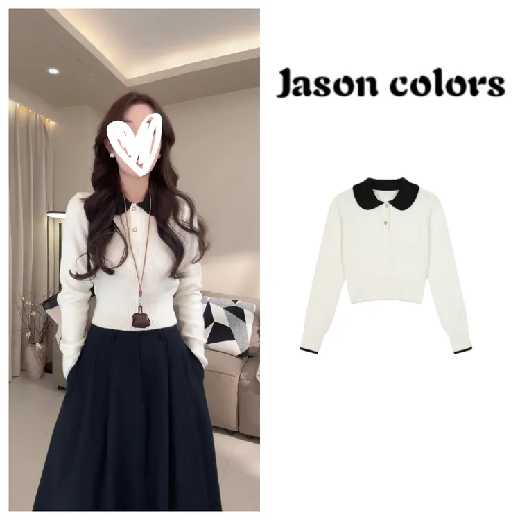 秋款撞色菱形格纹翻领针织衫气质百搭长袖套头毛针织衫毛衣C6537