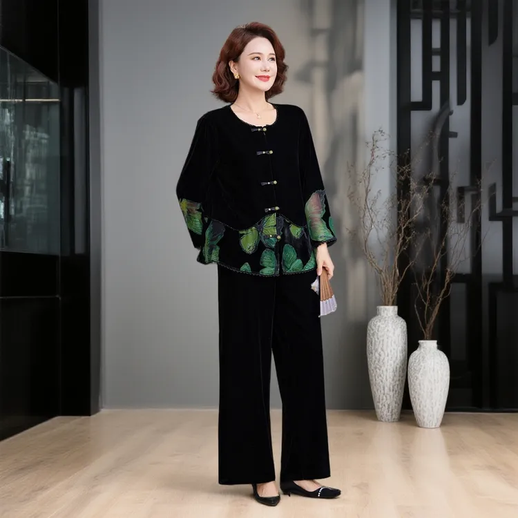 中年女装妈妈春秋丝绒新中式套装2025新款气质阔腿裤两件套丝绒衫