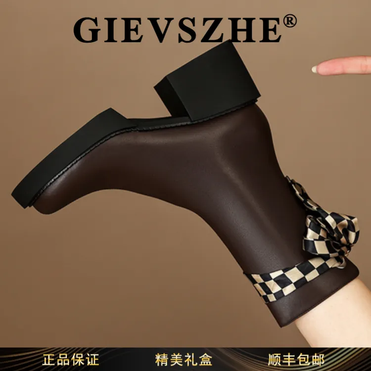 纪诗哲女鞋拉链秋季复古短靴时尚系带靴子防滑高跟鞋英伦筒靴女鞋