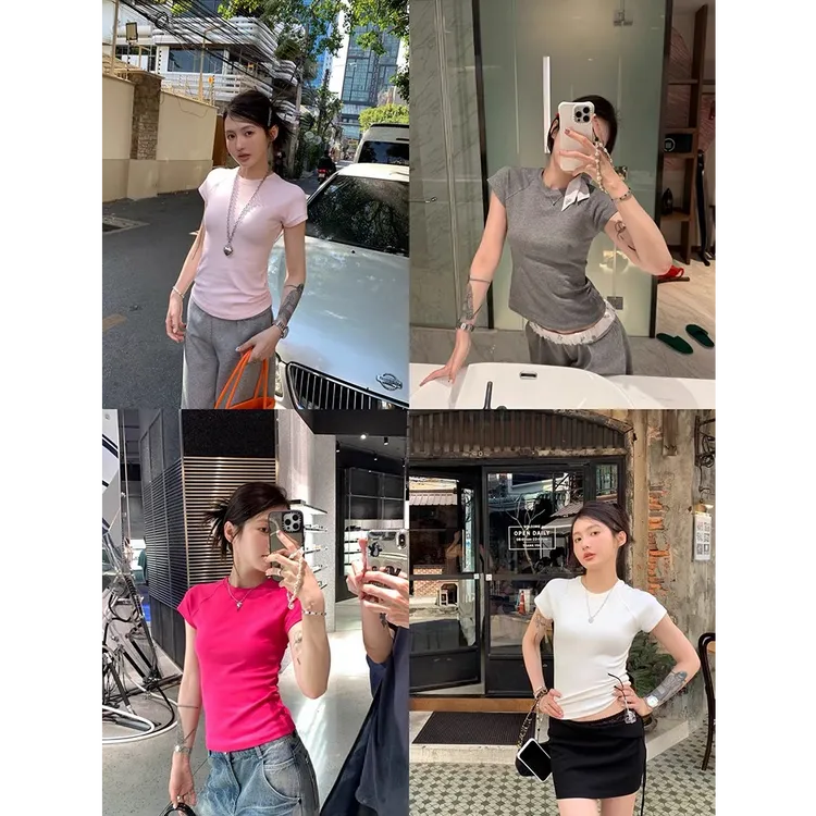 THEISSN宁司 纯色圆领正肩短袖T恤韩系修身收腰百搭上衣0533