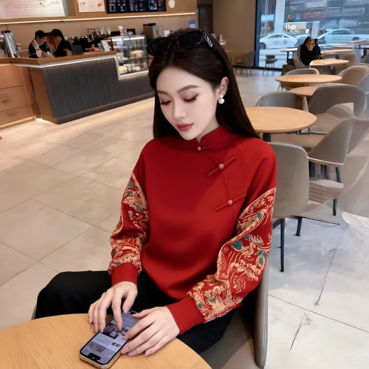 2026新款圣诞过年新中式红色针织衫高级感洋气独特国风提花毛衣女