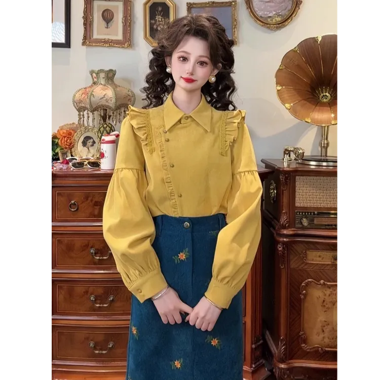 复古港风木耳边黄色长袖衬衫女秋冬季衬衣设计感气质上衣
