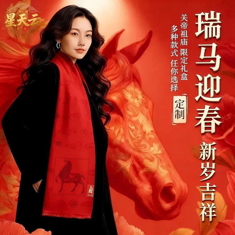 男女通用送长辈新年礼物祈福围巾刺绣logo马年财运鸿福祥云围巾