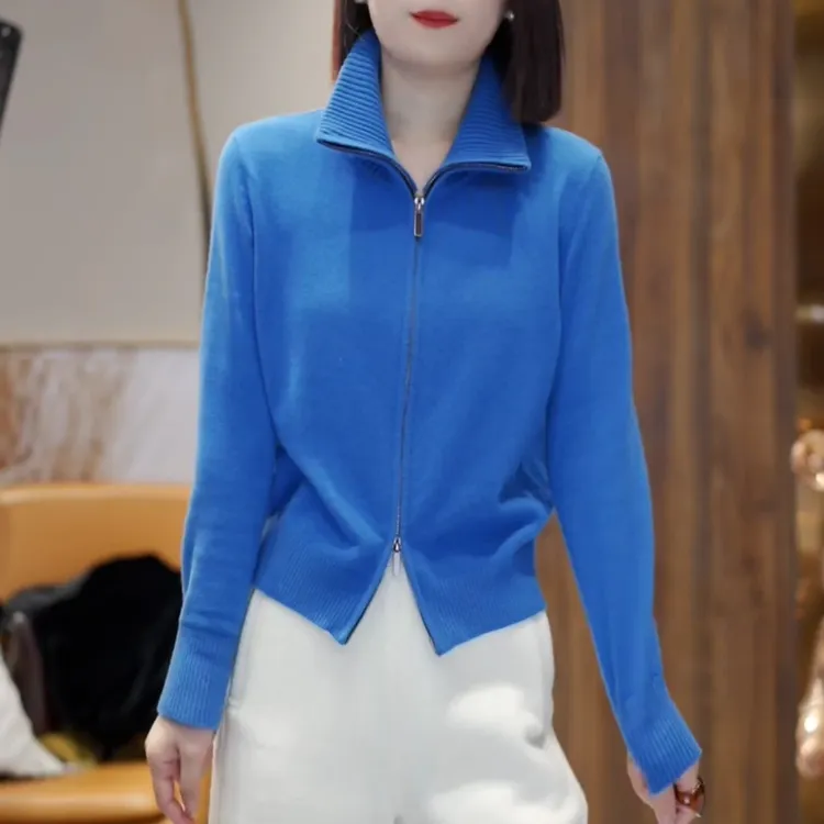 秋冬设计感修身百搭显瘦保暖加厚上衣简约风立领双拉链针织开衫女