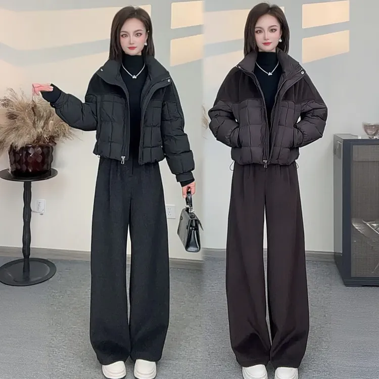 2025秋冬季新款【棉外套+羊毛裤】显瘦宽松拼接设计感时尚套装