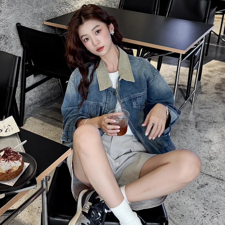 韩国高级感复古工装风拼色牛仔外套女宽松撞色设计感休闲夹克上衣