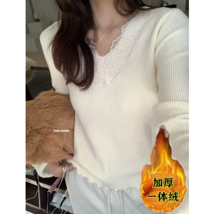 V领一体绒拼接蕾丝打底针织衫上衣时尚洋气套头