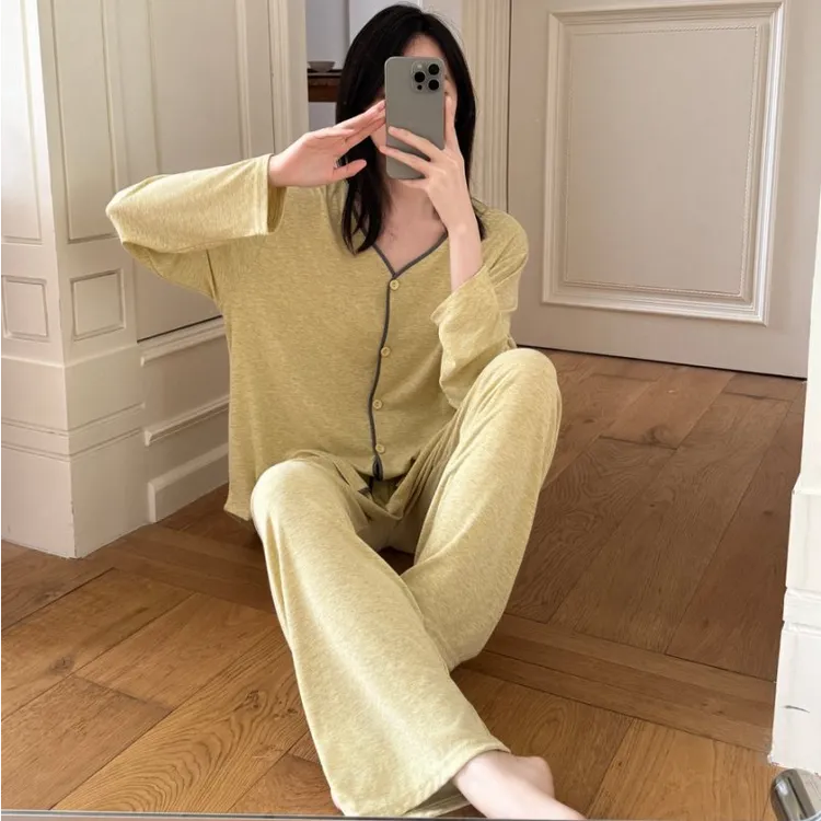 慵懒风睡衣女春秋季新款网红长袖排扣纯色宽松家居服睡衣秋款女