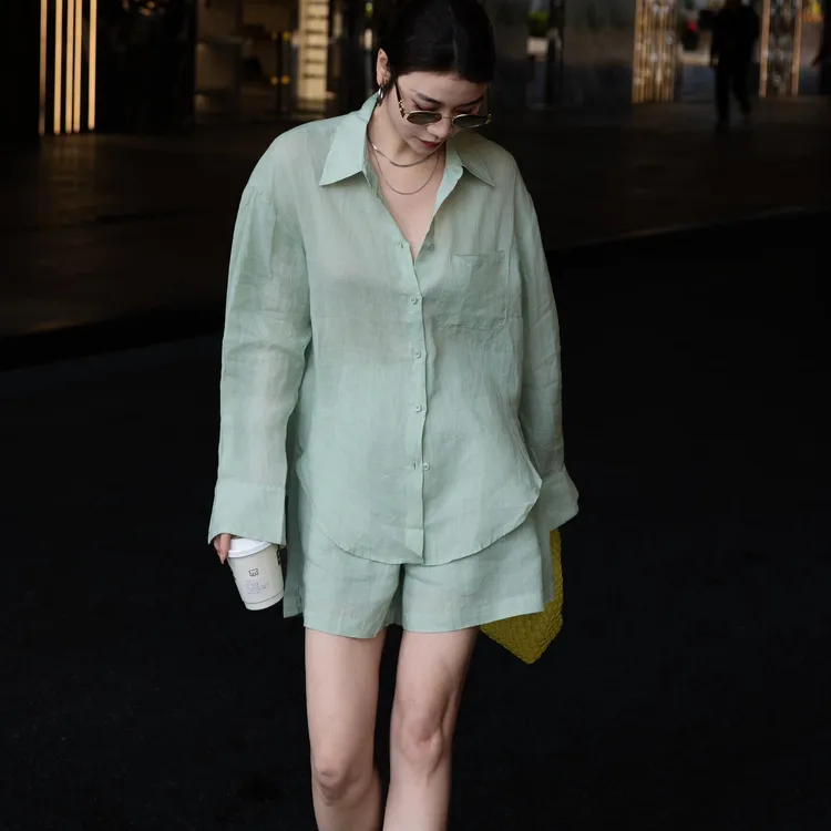 法式长袖衬衫套装女2025夏季新款薄款气质简约百搭休闲短裤两件套