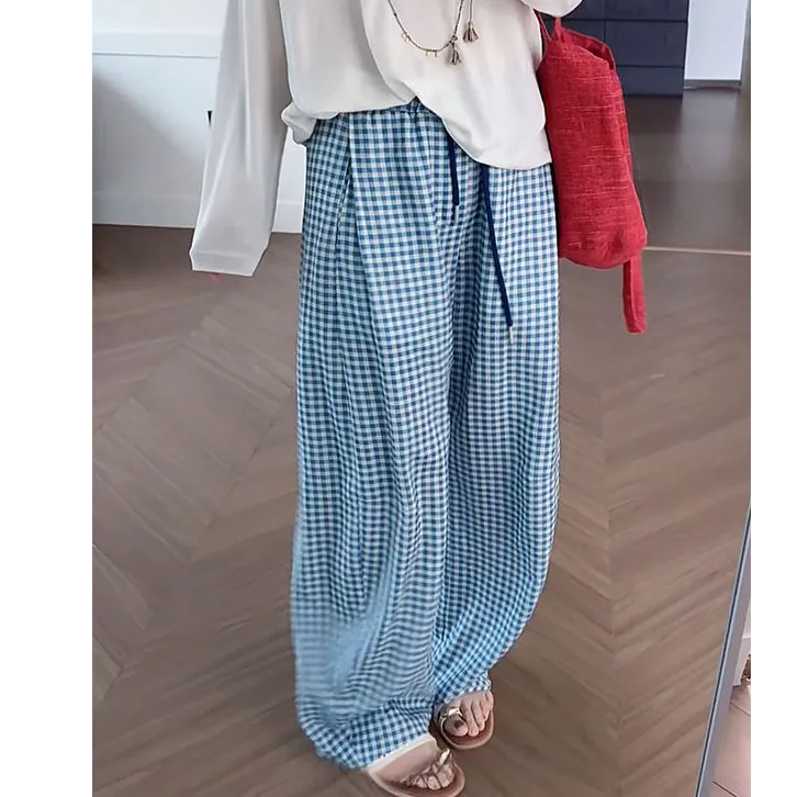 【蓝海琉璃】莱赛尔+亚麻清爽格纹百搭舒适阔腿裤休闲裤