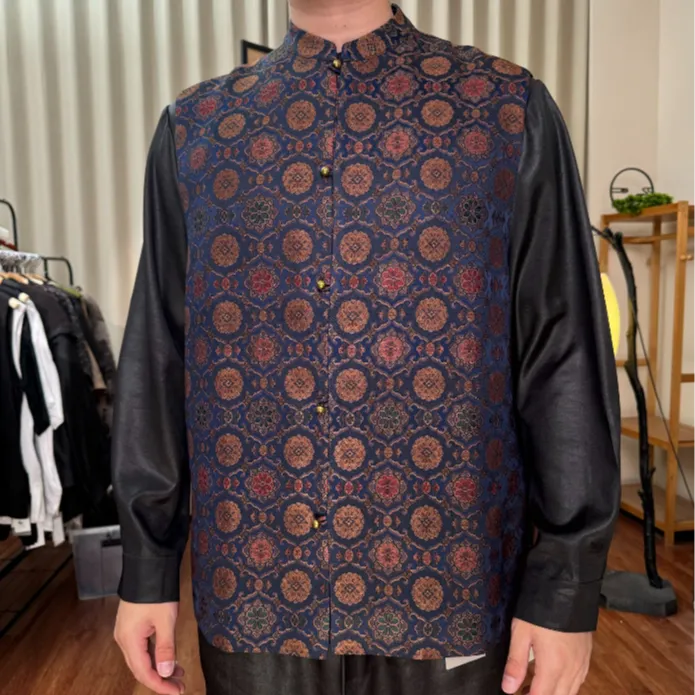 月下扬帆2608男士桑蚕丝宝相花宋锦香云纱新中式铜扣唐装马甲