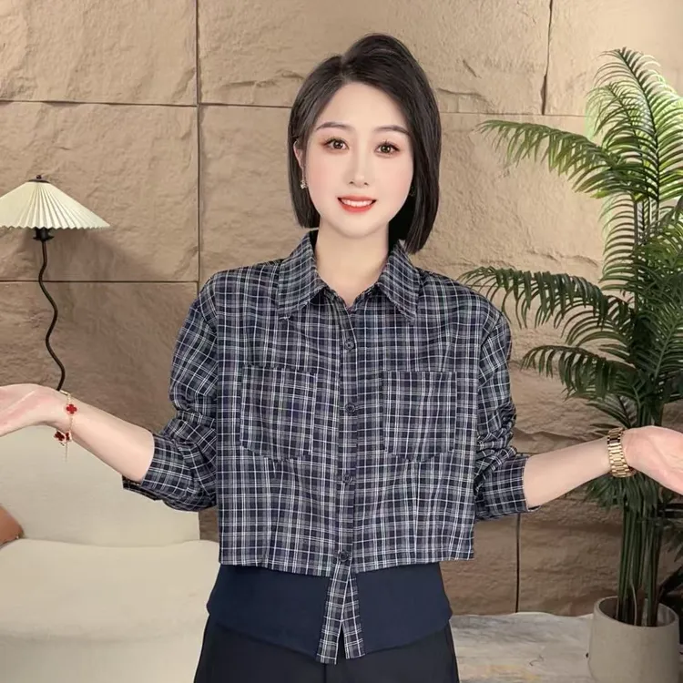 2025新款假两件格子衬衫领开衫秋装简约收腰遮肚子女百搭上衣衬衣