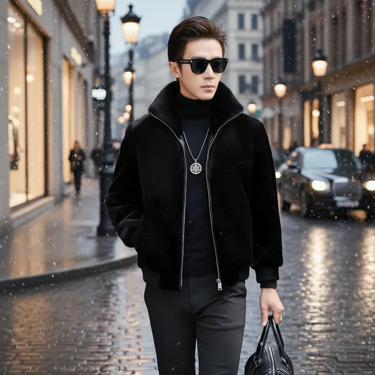 男士冬季立领皮毛一体仿貂绒夹克商务时尚休闲海宁皮草保暖外套