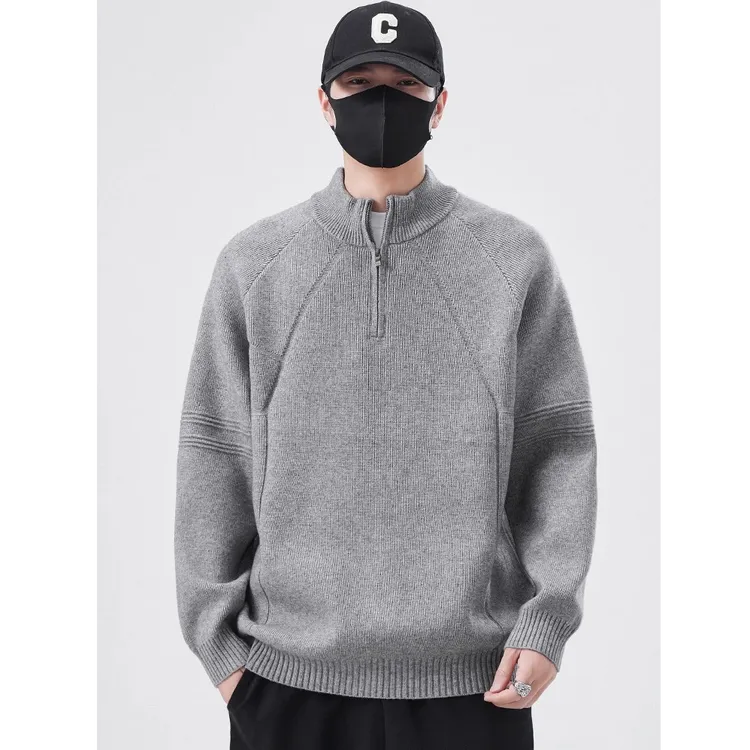 半高领拉链毛衣男秋冬季2025新款宽松套头纯色打底针织衫男生潮流